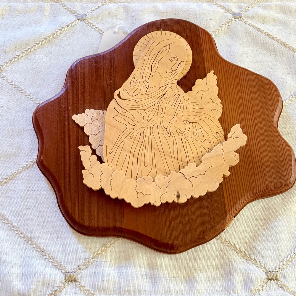 Wooden Religious Wall Art of Virgin Mary. Beautiful handmade original design.